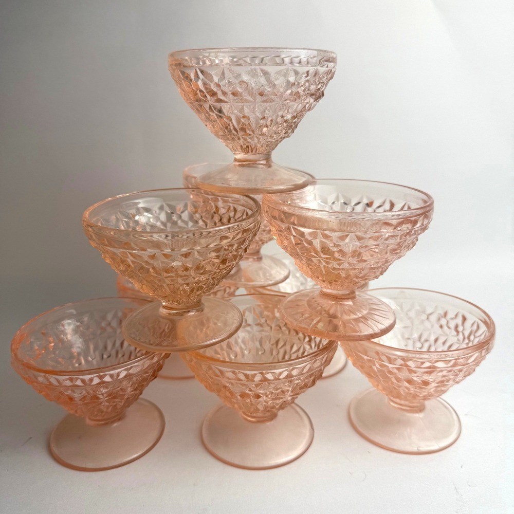 9 Vintage Jeanette Pink Depression Glass Holiday Buttons & Bows Sherbet Cups